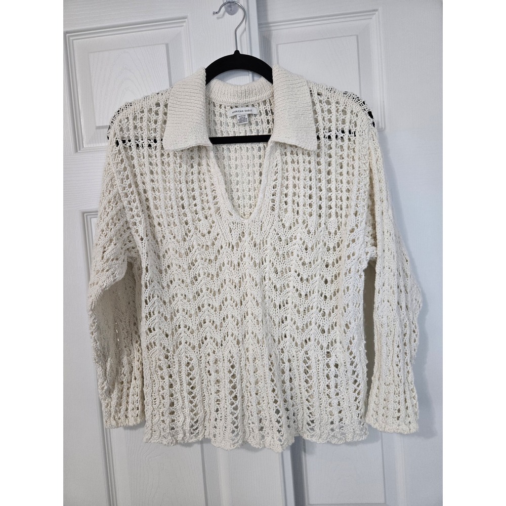 American Eagle Cream‎ Crochet Polo Sweater Womens Small Open Knit V-Neck